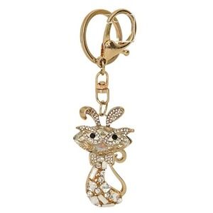 Cat with Glasses Gold‎ & Rhinestone Whimsical Keychain / Purse Charm